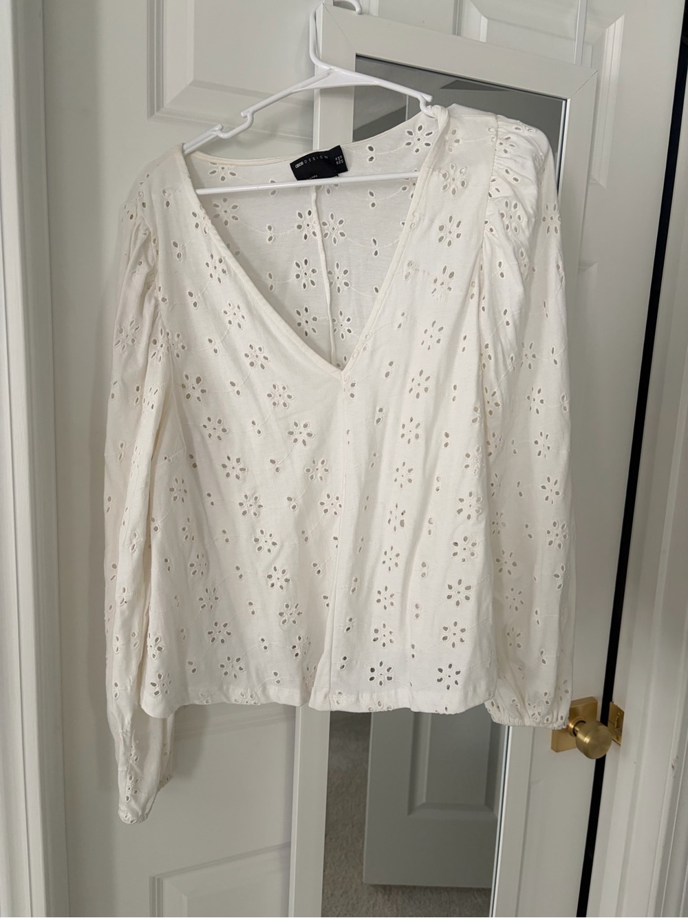 ASOS White Eyelet V-Neck Long Sleeve Blouse